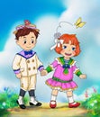 Boy and girl dressed in vintage beatuful costumers holding hands an a summer countryside background