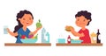 Boy girl eating. Person eat, healthy breakfast. Cartoon kids on lunch or dinner. Child with fruits and fast food, baby Royalty Free Stock Photo