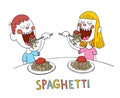Boy and girl eating spaghetti