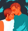 Boy and girl embrace tenderly. Heterosexual couple, friends. Love, family. Bright vector illustration in flat style. In