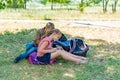 A boy and a girl are engaged in education and doing lessons in nature, preparing for entrance and final exams Royalty Free Stock Photo