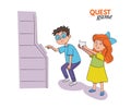 Boy and girl entering code engaged in quest game