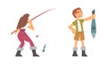 Boy and girl fishing with rod set cartoon vector illustration