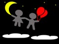 Boy and girl floating in the sky at night