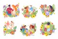 Boy, girl on flowered frame on gently hug, sit, walk on flowery nature on hand drawn vector illustration isolated on