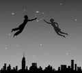 Boy and girl flying in night sky