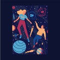 Boy and girl flying in outer space. Cosmic discovery. Cartoon poster with people floating with planets in zero gravity Royalty Free Stock Photo