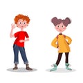 Boy and girl in full growth. Smiling school children with backpacks set isolated vector illustration