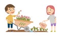 A boy and a girl in the garden. The boy transports tulips, the girl watering the shoots of plants