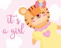 Boy or girl, gender reveal its a girl cyte tiger with dress and bow