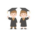 A boy and a girl in graduation gown holding diploma illustration vector on white background. Education concept Royalty Free Stock Photo