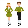 Boy and girl in green clothers are dancing together. Irish dancers isolated on a white background. Vector flat