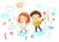 Boy and girl happy in music,oil pastel drawing illustration