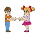 Boy and girl are happy to meet. Children hold hands. Friendship between boy and girl. Friends.