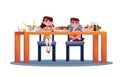 Boy and girl have dinner at table isolated kids