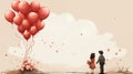 A boy and a girl holding hands and looking at a bunch of red balloons Royalty Free Stock Photo