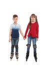 Boy and girl with inline roller skates