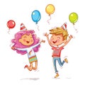 Boy and girl jumping fun at a children`s birthday party Royalty Free Stock Photo