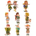 Boy and Girl Junior Scouts Wearing Khaki Shirt Examining Map and Looking in Binocular Vector Set Royalty Free Stock Photo