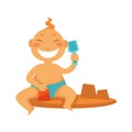 Boy or girl kid making sand castle at beach vector icon