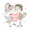 A boy and a girl kiss and hold a big heart. Valentine. Vector