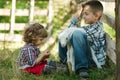 Boy and girl with lamb on the farm Royalty Free Stock Photo