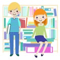 Boy and girl in the library. Children love reading