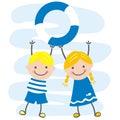 Boy and girl with lifebuoy, funny vector illustration Royalty Free Stock Photo