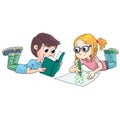 Boy and girl lying on the floor reading books and drawing on paper Royalty Free Stock Photo