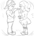 Boy and girl Make friends, make friends - Line-art. Coloring page Royalty Free Stock Photo