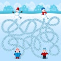 Boy and girl make two snowmen. Find whose is where? Children`s picture with a riddle