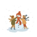 Boy and girl making a snowman isolated cartoon vector illustration