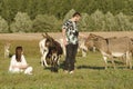 Boy and a girl in a meadow with a herd of wild donkeys Royalty Free Stock Photo
