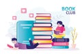 Boy and girl members of book club. Children reading different literature. Large stack of various books Royalty Free Stock Photo