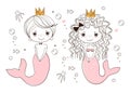 Boy and girl mermaid icon. Prince and princess of the underwater kingdom, sketch art line characters, cute vector Royalty Free Stock Photo
