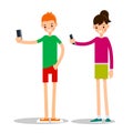 Boy and girl with mobile phone. Man and woman do selfie