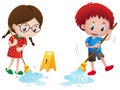 Boy and girl mopping wet floor