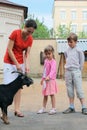 Boy, girl and mother, feed mountain goat