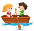 Boy and girl paddle the boat on white background