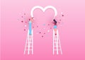 Boy And Girl  Paint A Heart On The Wall With Rollers. Valentines Day Pink Background Vector