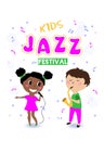 Vector illustration of boy and girl performing jazz, vertical banner of children`s jazz festival Royalty Free Stock Photo