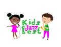 Vector illustration of boy and girl performing jazz, vertical banner of children`s jazz festival Royalty Free Stock Photo