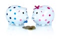 Boy and girl piggy bank for save money with EURo coins on white background with shadow reflection.