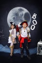 Boy and girl in pirate costumes. Halloween Concept Royalty Free Stock Photo