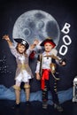 Boy and girl in pirate costumes. Halloween Concept Royalty Free Stock Photo