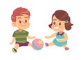 Boy and girl play together. Cute little children with ball isolated vector cartoon game characters