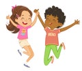 Boy and girl play together, happily jump and dance.