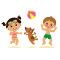 Boy And Girl Playing Ball With A Dog. Kids On The Beach Vector. Royalty Free Stock Photo