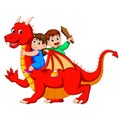 The boy and the girl playing with the big red dragon and the boy holding the sword