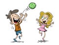 Boy and girl playing a game with a green ball Royalty Free Stock Photo